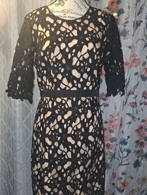 Elegant Black Crochet Overlay Dress with Nude Lining
